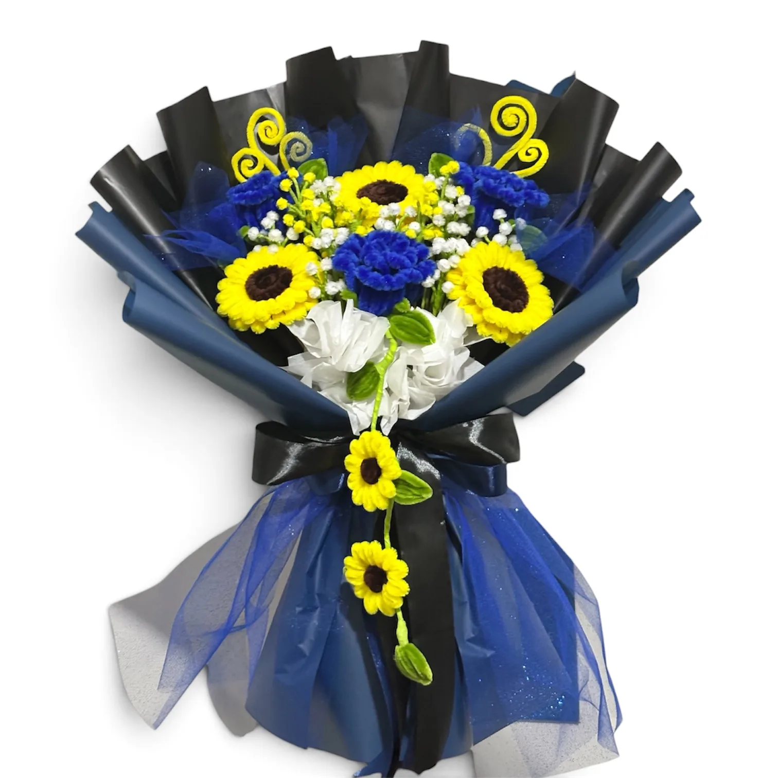 The arrangement features sunflowers and rose flowers, complemented by baby's breaths and others as fillers.