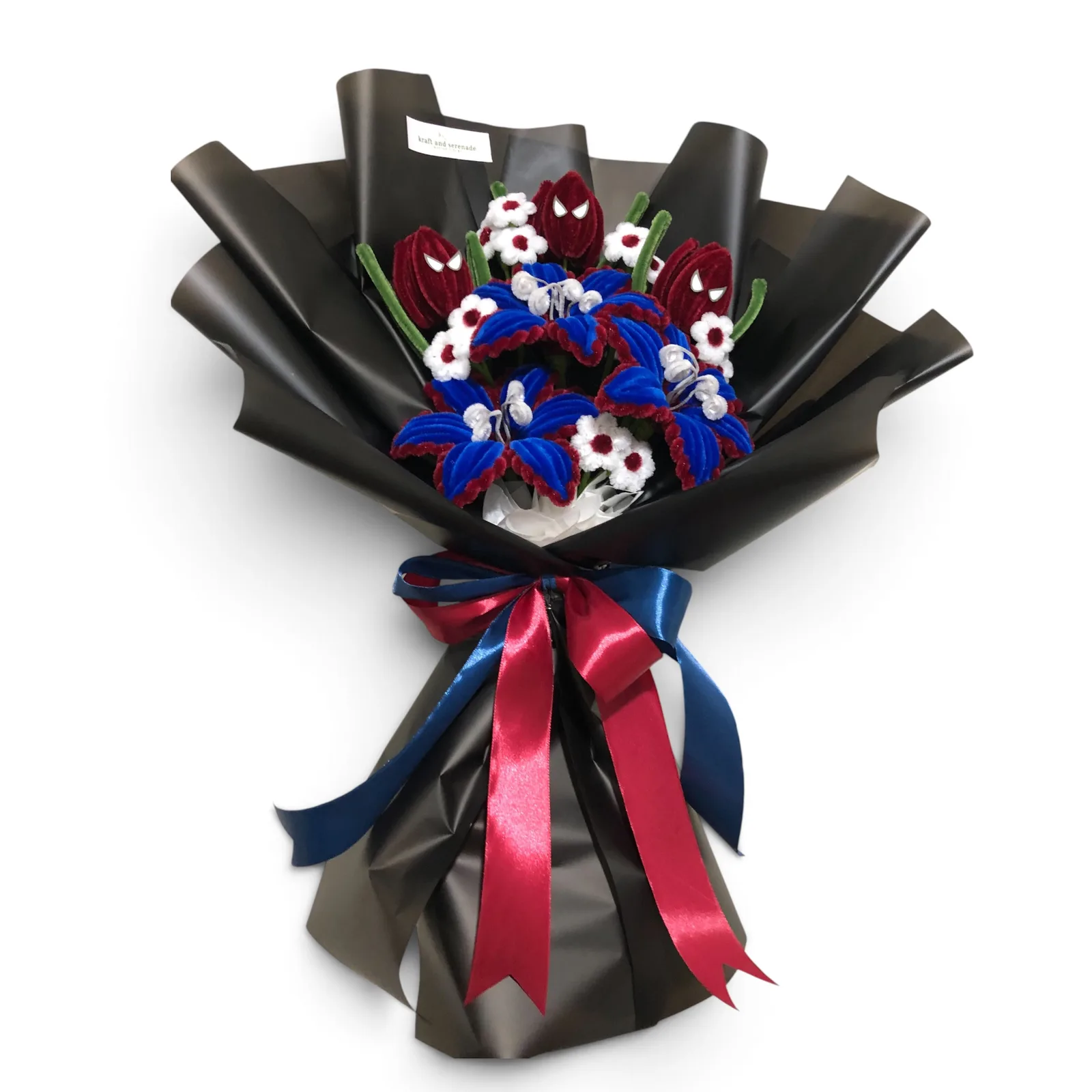 This bouquet features tulips with Spiderman-inspired eyes, paired with lilies and mini daisies as fillers.