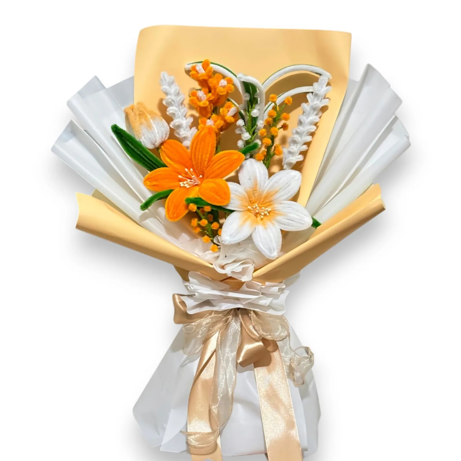 Can be customized in any color you prefer at no additional cost. The arrangement features tulips, small lilies and poppy flowers, complemented by flower bud as fillers. If you’d like to add more flowers to your arrangement, feel free to message us for customization options.