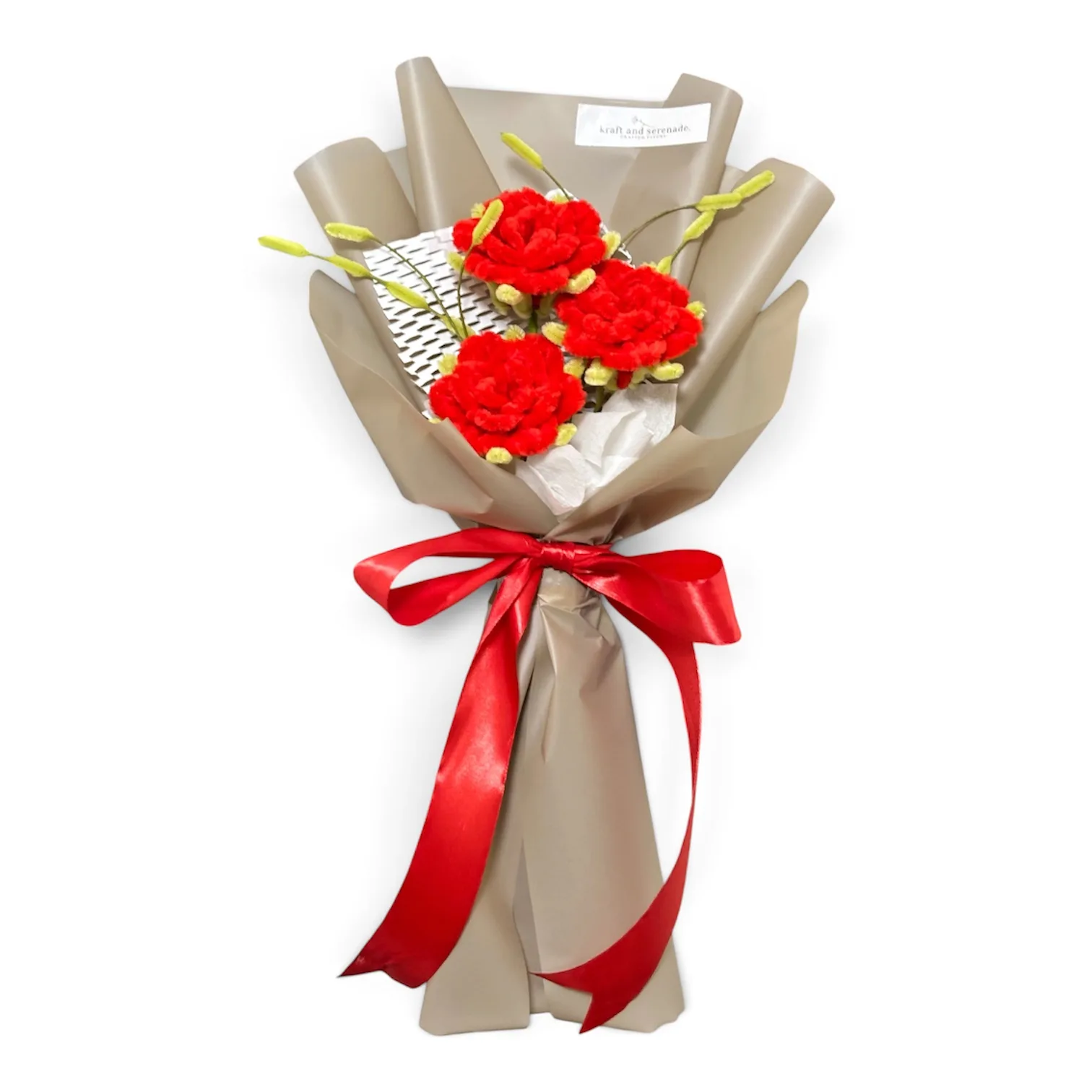 It features rose flowers paired with leaf strands as fillers.
