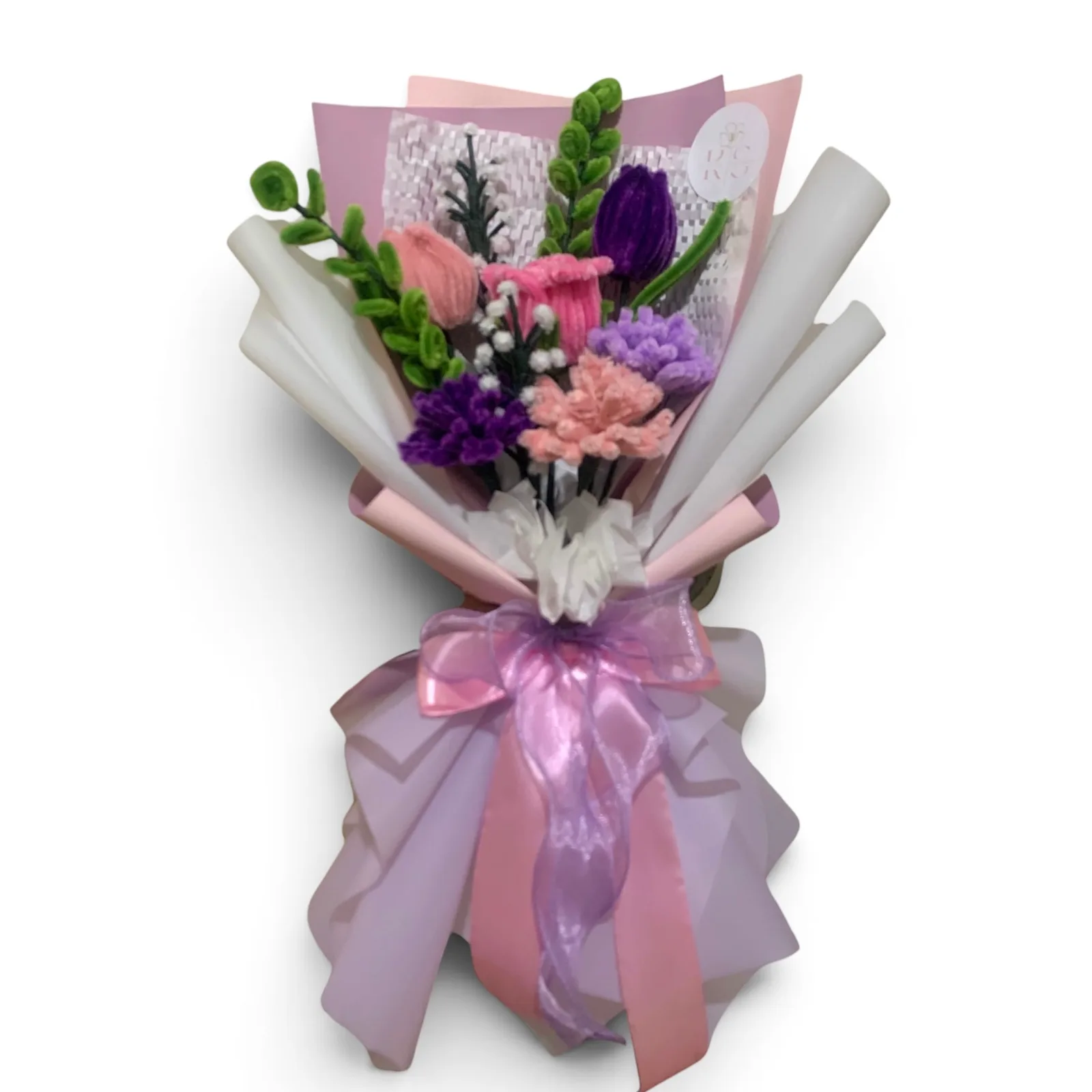 The arrangement features carnations, , tulips, and rose flowers, complemented by baby's breaths, and eucalyptus as fillers.