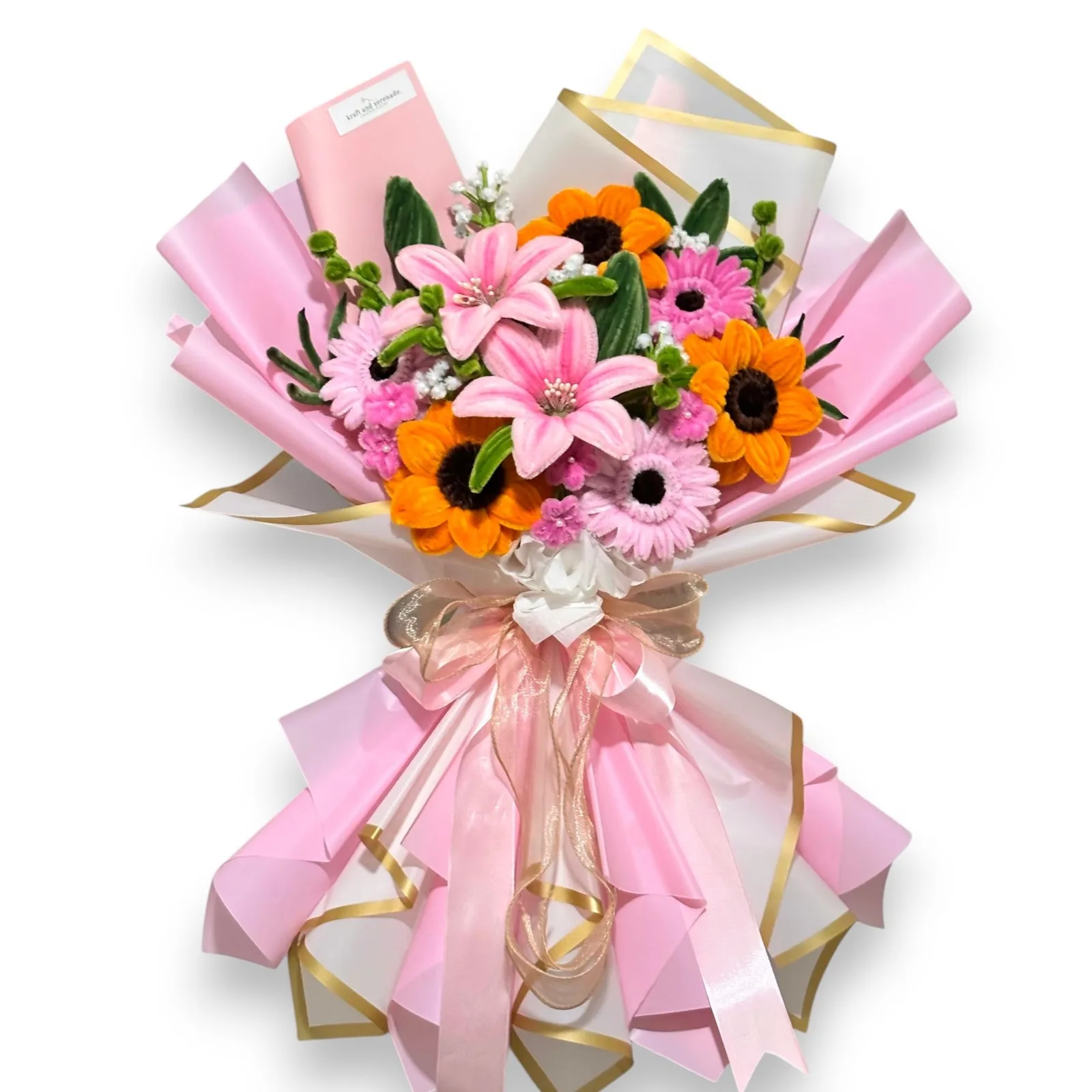 The arrangement features lilies, gerberas and sunflower flowers, complemented by flower buds, chunky eucalyptus, baby's breaths, ash leaf, and grass-like leaf as fillers.