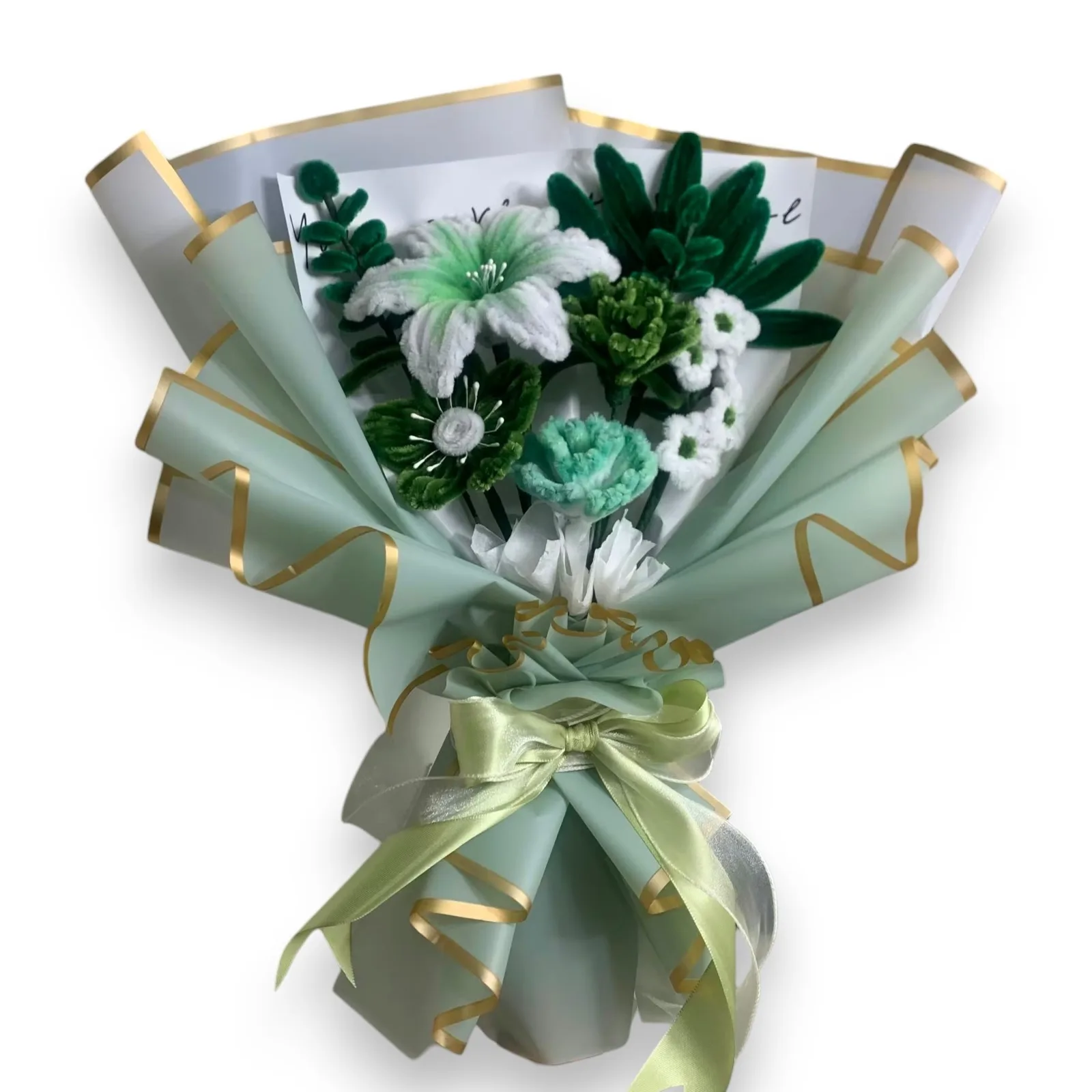 Green signature bouquet composed of carnations and lilies for a fresh, nature-inspired look.