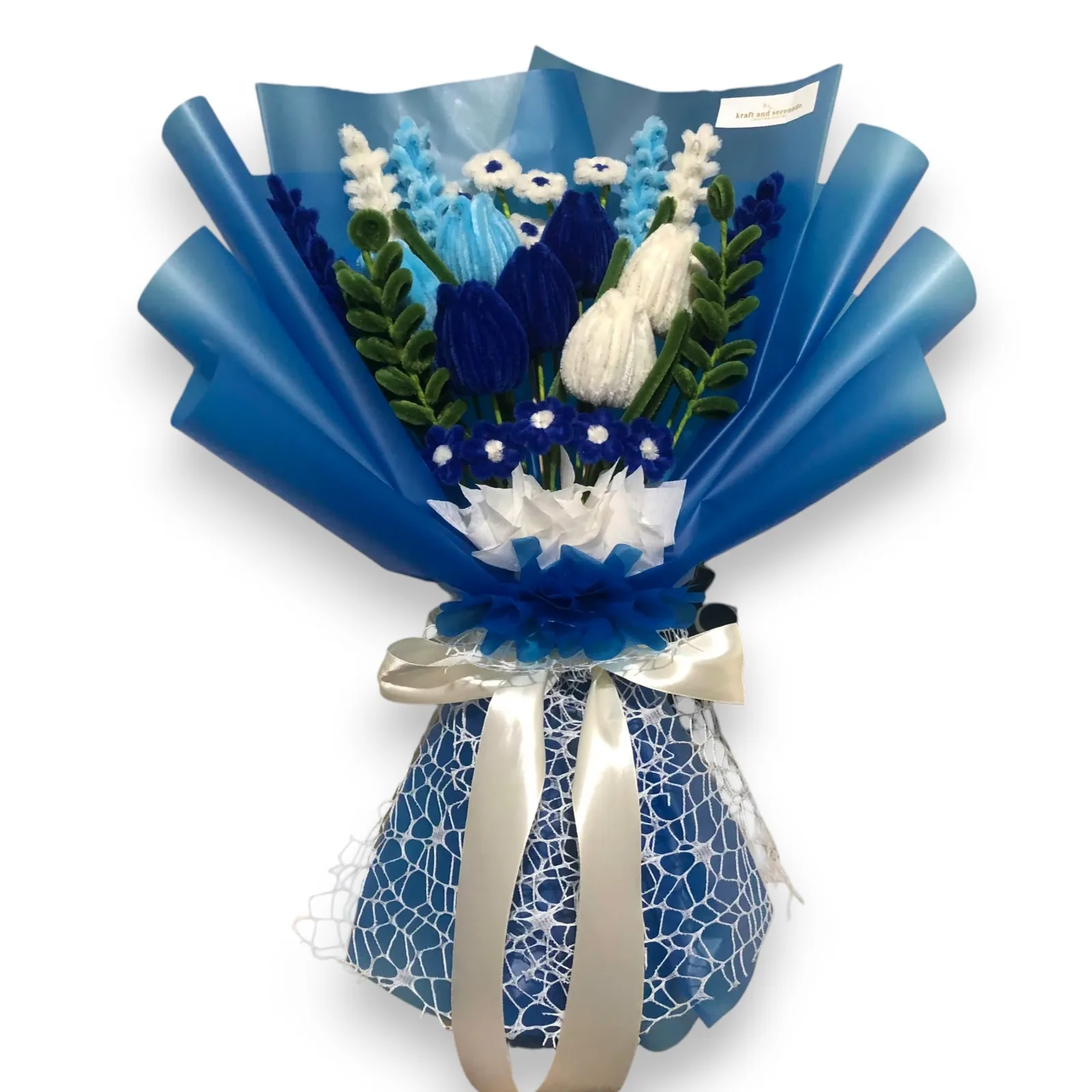 The arrangement features 7pcs tulip flowers, complemented by mini daisies, lavenders, and eucalyptus as fillers.