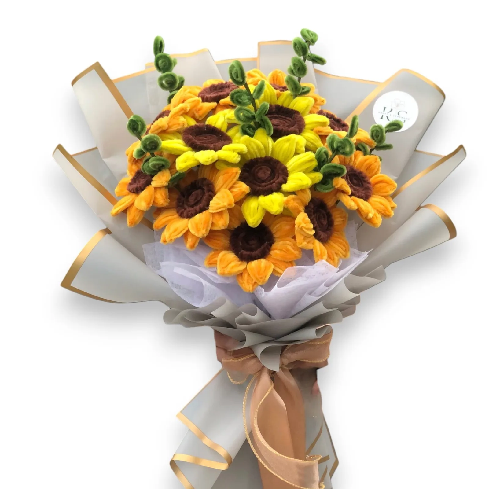 The arrangement features 12 pcs sunflowers, complemented by eucalyptus as fillers.