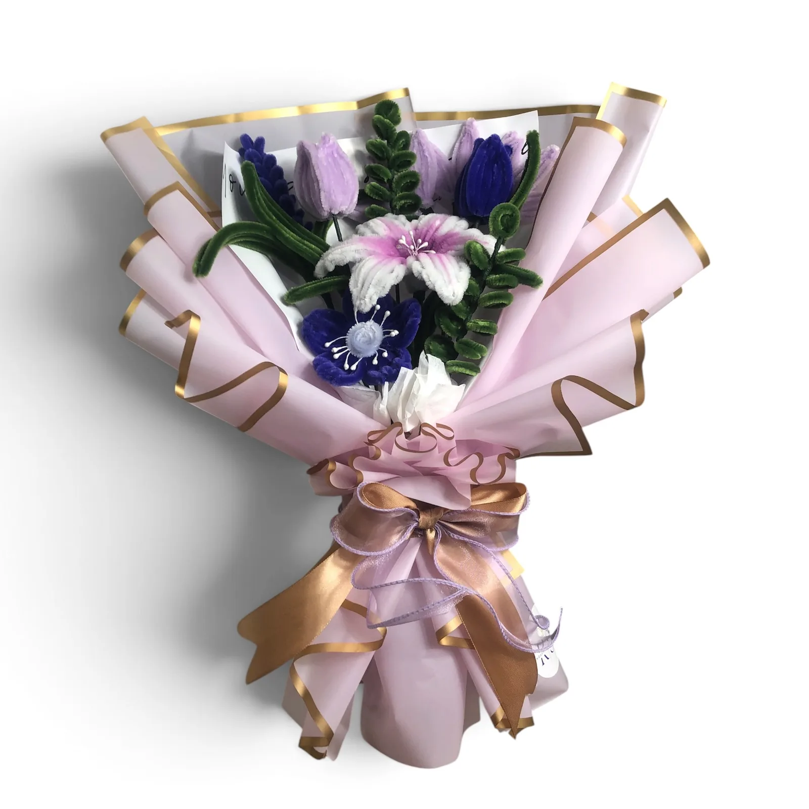 Purple signature bouquet with lilies, lavender, ash leaves, and poppies for a soft elegant style.