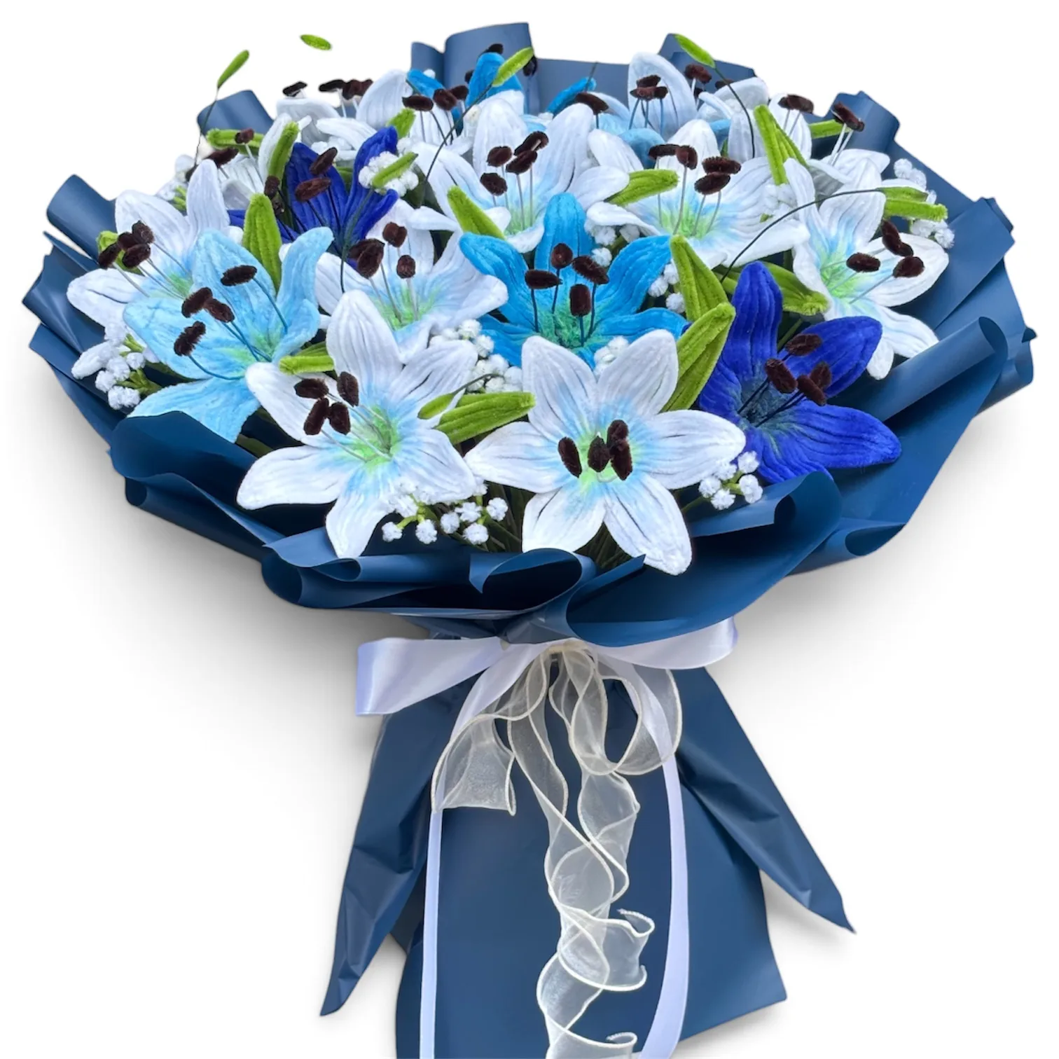 The arrangement features 18 pcs lily flowers, complemented by baby's breaths and leaf strands as fillers.