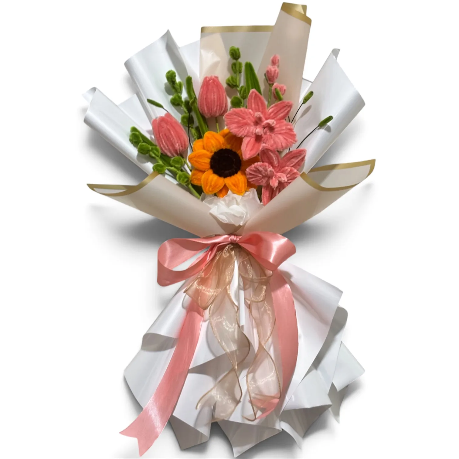 The arrangement features tulips and orchid flowers, complemented by chunky eucalyptus and leaf strands as fillers.